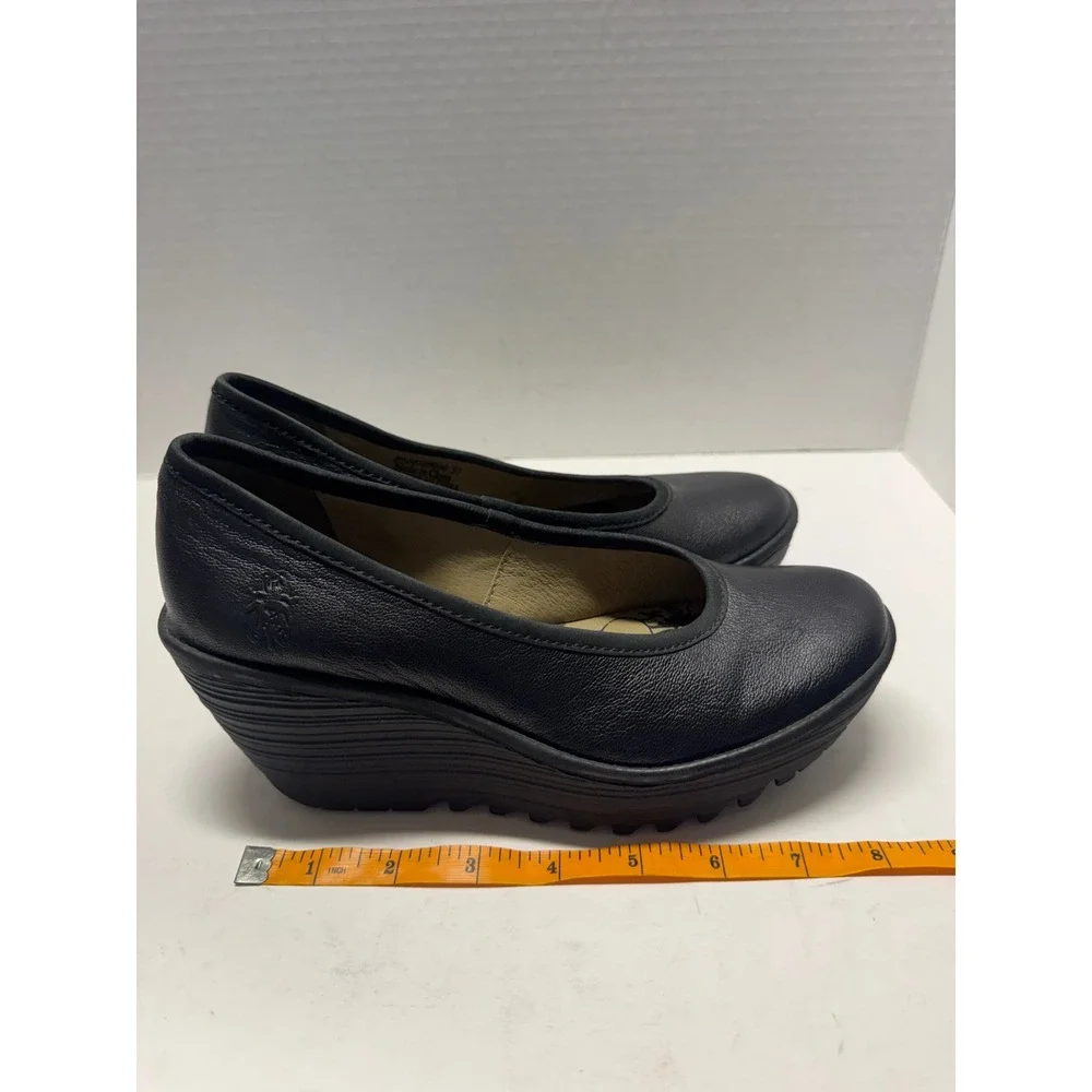 Fly London YAZ Black Leather Wedge Pumps Platform Shoes Size 37 6.5